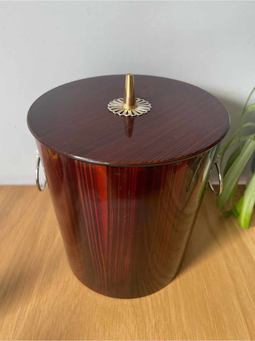 Vintage MCM Glossy Faux Wood-Grain Ice Bucket with Lid and Brass Handle Japan
